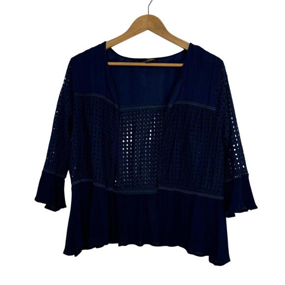 Suzanne Betro Sweaters - Suzanne Betro Women’s Size Small Blue Open Front Eyelet 3/4 Sleeve Cardigan